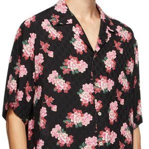 GUCCI Black Silk Peony Print Bowling Shirt